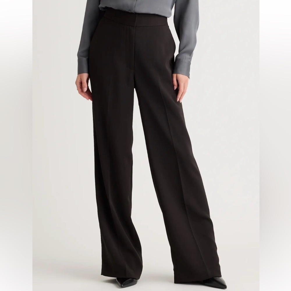 Quince Stretch Crepe Black Classic Wide Leg Trousers Business Pleated Pants 14
